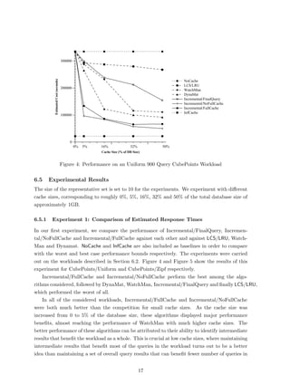 300000
          Estimated Cost (seconds)




                                                                                           NoCache
                                                                                           LCS/LRU
                                     200000
                                                                                           WatchMan
                                                                                           DynaMat
                                                                                           Incremental/FinalQuery
                                                                                           Incremental/NoFullCache
                                                                                           Incremental/FullCache
                                                                                           InfCache
                                     100000




                                         0
                                              0%   5%   16%               32%        50%
                                                        Cache Size (% of DB Size)


                                     Figure 4: Performance on an Uniform 900 Query CubePoints Workload


6.5     Experimental Results
The size of the representative set is set to 10 for the experiments. We experiment with diﬀerent
cache sizes, corresponding to roughly 0%, 5%, 16%, 32% and 50% of the total database size of
approximately 1GB.

6.5.1    Experiment 1: Comparison of Estimated Response Times

In our ﬁrst experiment, we compare the performance of Incremental/FinalQuery, Incremen-
tal/NoFullCache and Incremental/FullCache against each other and against LCS/LRU, Watch-
Man and Dynamat. NoCache and InfCache are also included as baselines in order to compare
with the worst and best case performance bounds respectively. The experiments were carried
out on the workloads described in Section 6.2. Figure 4 and Figure 5 show the results of this
experiment for CubePoints/Uniform and CubePoints/Zipf respectively.
    Incremental/FullCache and Incremental/NoFullCache perform the best among the algo-
rithms considered, followed by DynaMat, WatchMan, Incremental/FinalQuery and ﬁnally LCS/LRU,
which performed the worst of all.
    In all of the considered workloads, Incremental/FullCache and Incremental/NoFullCache
were both much better than the competition for small cache sizes. As the cache size was
increased from 0 to 5% of the database size, these algorithms displayed major performance
beneﬁts, almost reaching the performance of WatchMan with much higher cache sizes. The
better performance of these algorithms can be attributed to their ability to identify intermediate
results that beneﬁt the workload as a whole. This is crucial at low cache sizes, where maintaining
intermediate results that beneﬁt most of the queries in the workload turns out to be a better
idea than maintaining a set of overall query results that can beneﬁt fewer number of queries in


                                                                                17
 