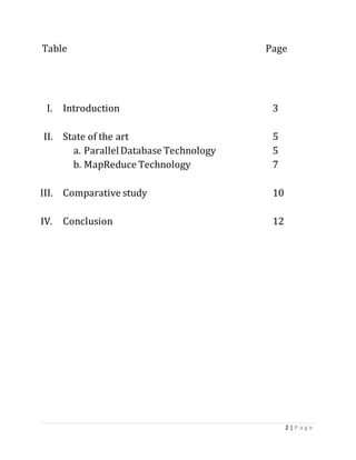 2 | P a g e
Table Page
I. Introduction 3
II. State of the art 5
a. ParallelDatabase Technology 5
b. MapReduce Technology 7
III. Comparative study 10
IV. Conclusion 12
 