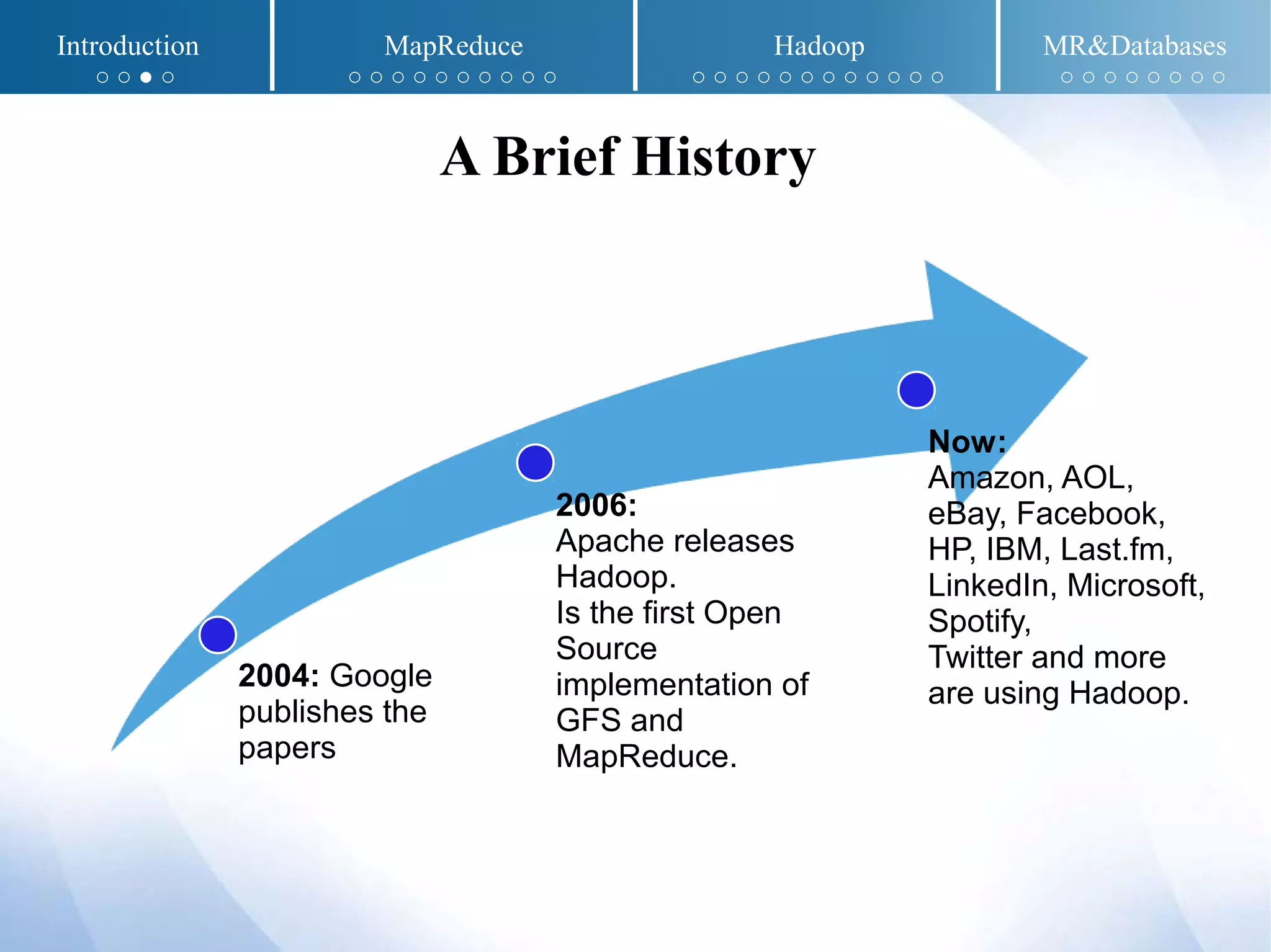 2004: Google
publishes the
papers
2006:
Apache releases
Hadoop.
Is the first Open
Source
implementation of
GFS and
MapReduce.
Now:
Amazon, AOL,
eBay, Facebook,
HP, IBM, Last.fm,
LinkedIn, Microsoft,
Spotify,
Twitter and more
are using Hadoop.
A Brief History
Introduction MapReduce Hadoop MR&Databases
○ ○ ● ○ ○ ○ ○ ○ ○ ○ ○ ○ ○ ○ ○ ○ ○ ○ ○ ○ ○ ○ ○ ○ ○ ○ ○ ○ ○ ○ ○ ○ ○ ○
 