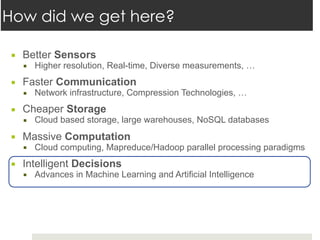 ▪ Better Sensors
▪ Higher resolution, Real-time, Diverse measurements, …
▪ Faster Communication
▪ Network infrastructure, Compression Technologies, …
▪ Cheaper Storage
▪ Cloud based storage, large warehouses, NoSQL databases
▪ Massive Computation
▪ Cloud computing, Mapreduce/Hadoop parallel processing paradigms
▪ Intelligent Decisions
▪ Advances in Machine Learning and Artificial Intelligence
How did we get here?
 
