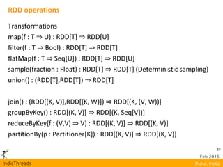 24
RDD operations
Transformations
map(f : T ⇒ U) : RDD[T] ⇒ RDD[U]
filter(f : T ⇒ Bool) : RDD[T] ⇒ RDD[T]
flatMap(f : T ⇒ Seq[U]) : RDD[T] ⇒ RDD[U]
sample(fraction : Float) : RDD[T] ⇒ RDD[T] (Deterministic sampling)
union() : (RDD[T],RDD[T]) ⇒ RDD[T]
join() : (RDD[(K, V)],RDD[(K, W)]) ⇒ RDD[(K, (V, W))]
groupByKey() : RDD[(K, V)] ⇒ RDD[(K, Seq[V])]
reduceByKey(f : (V,V) ⇒ V) : RDD[(K, V)] ⇒ RDD[(K, V)]
partitionBy(p : Partitioner[K]) : RDD[(K, V)] ⇒ RDD[(K, V)]
 