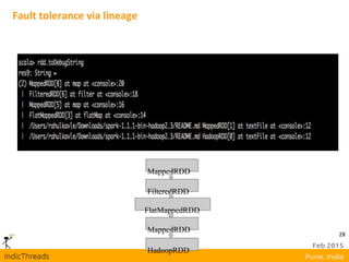 28
Fault tolerance via lineage
MappedRDD
FilteredRDD
FlatMappedRDD
MappedRDD
HadoopRDD
 