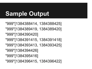 Sample Output
"999"[1384388414, 1384388425]
"999"[1384389419, 1384389420]
"999"[1384390420]
"999"[1384391415, 1384391418]
"999"[1384393413, 1384393425]
"999"[1384394426]
"999"[1384395416]
"999"[1384396415, 1384396422]

 