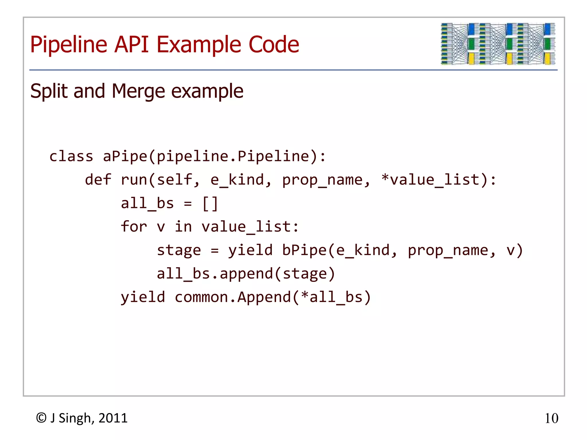 Pipeline API Example Code
Split and Merge example


  class aPipe(pipeline.Pipeline):
      def run(self, e_kind, prop_name, *value_list):
          all_bs = []
          for v in value_list:
              stage = yield bPipe(e_kind, prop_name, v)
              all_bs.append(stage)
          yield common.Append(*all_bs)




© J Singh, 2011                                           10
                            10
 