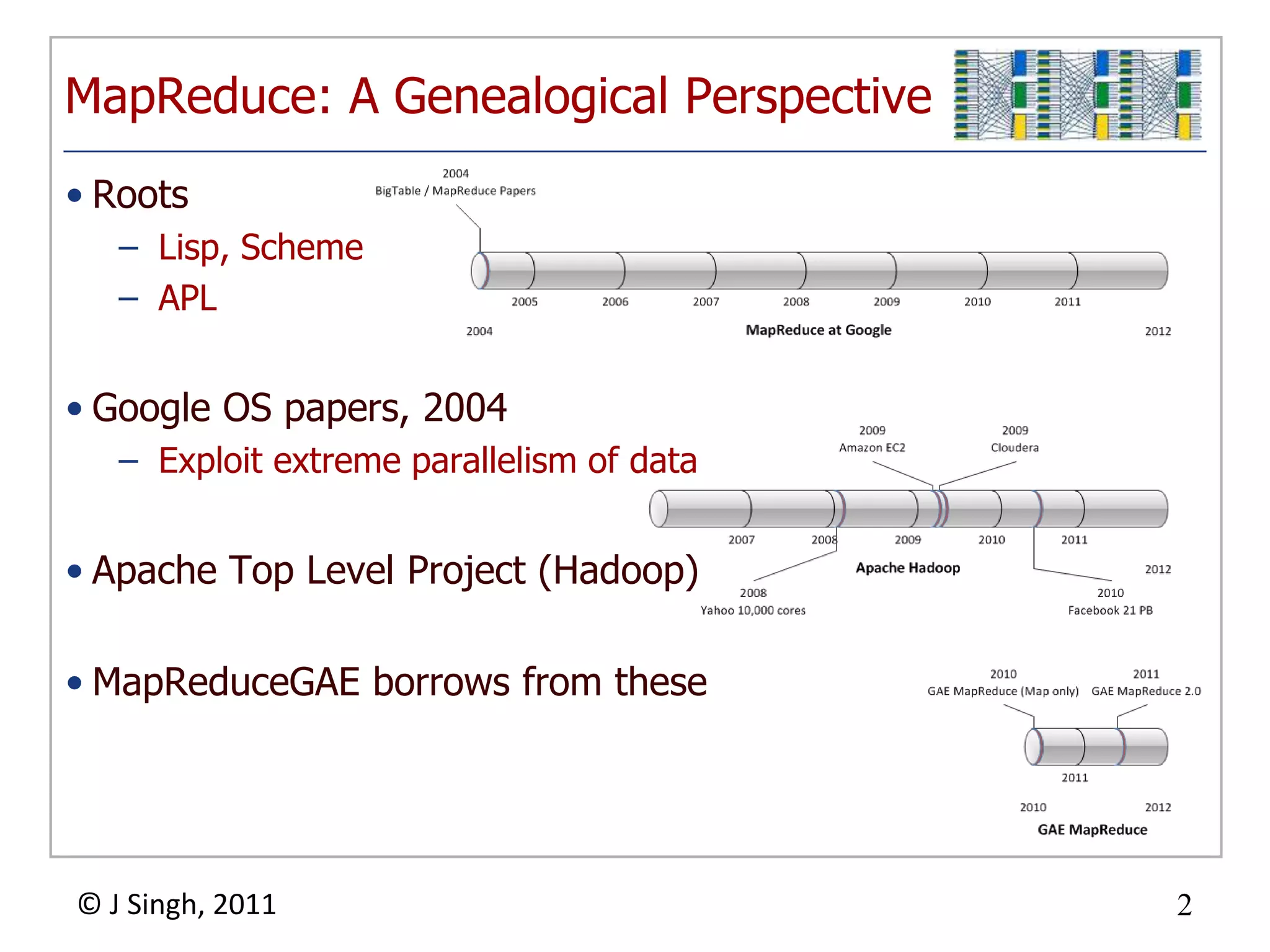 MapReduce: A Genealogical Perspective
• Roots
   – Lisp, Scheme
   – APL


• Google OS papers, 2004
   – Exploit extreme parallelism of data


• Apache Top Level Project (Hadoop)

• MapReduceGAE borrows from these




© J Singh, 2011                            2
                                   2
 