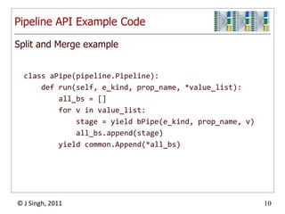 Pipeline API Example Code
Split and Merge example


  class aPipe(pipeline.Pipeline):
      def run(self, e_kind, prop_name, *value_list):
          all_bs = []
          for v in value_list:
              stage = yield bPipe(e_kind, prop_name, v)
              all_bs.append(stage)
          yield common.Append(*all_bs)




© J Singh, 2011                                           10
                            10
 