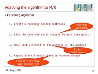 Adapting the algorithm to M/R
• Clustering Algorithm

   1. Create k randomly placed centroids       Map each
                                               data point

   2. Find the centroid (1-k) closest to each data point


   3. Move each centroid to the average of its members
                                              Reduce
                                           Each Centroid
   4. Repeat 2 and 3 until there is no more change

          Connect to next stage
           using Pipelining API

© J Singh, 2011                                             12
                                  12
 