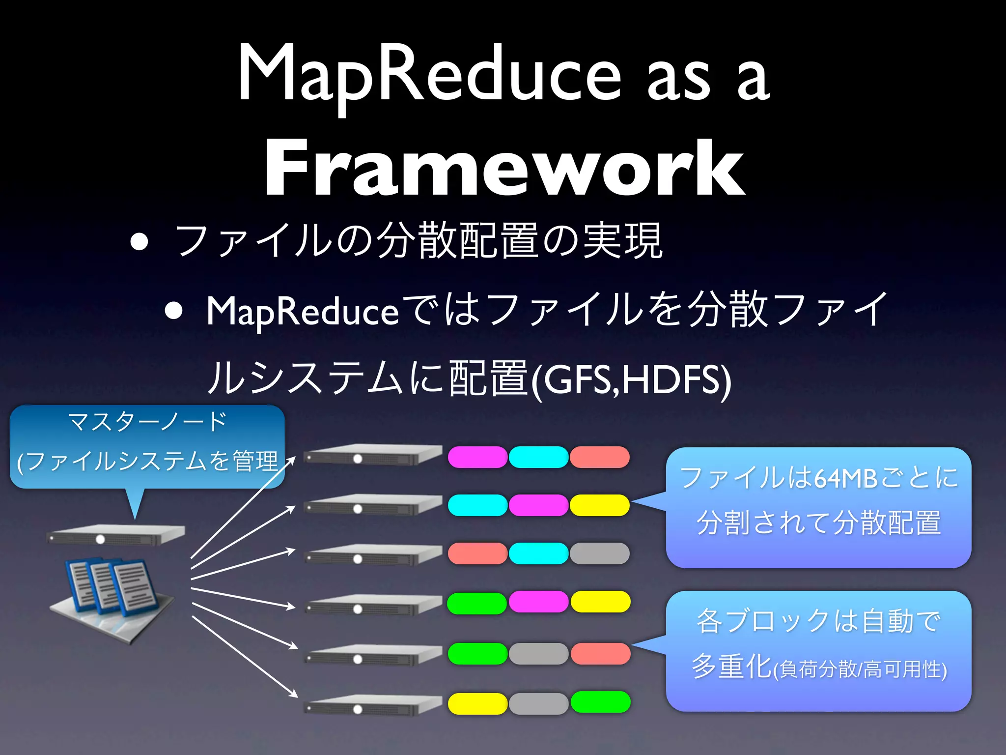 MapReduce as a
            Framework
     • ファイルの分散配置の実現
      • MapReduceではファイルを分散ファイ
        ルシステムに配置(GFS,HDFS)
  マスターノード
(ファイルシステムを管理
                        ファイルは64MBごとに
                        分割されて分散配置


                        各ブロックは自動で
                        多重化(負荷分散/高可用性)
 