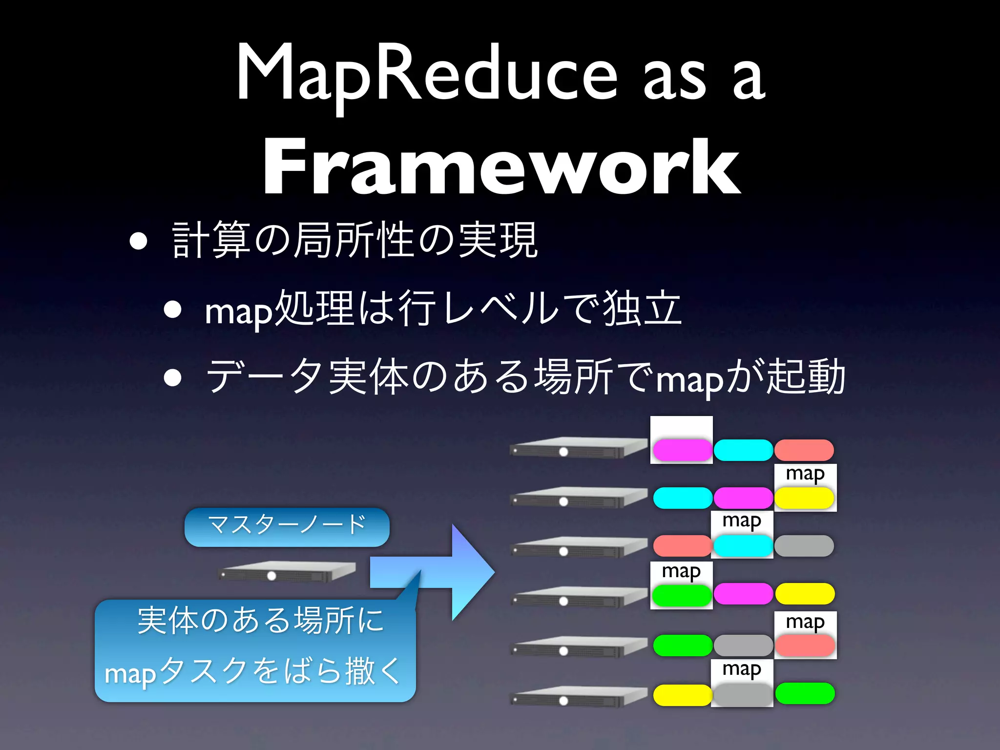 MapReduce as a
    Framework
• 計算の局所性の実現
 • map処理は行レベルで独立
 • データ実体のある場所でmapが起動
               map

                           map

   マスターノード           map

               map

 実体のある場所に                  map

mapタスクをばら撒く          map
 