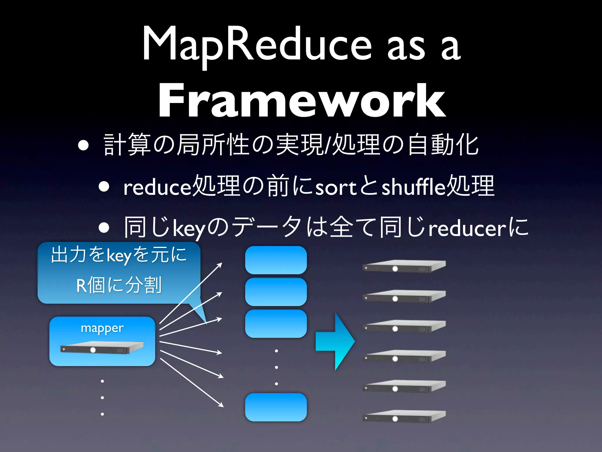 MapReduce as a
          Framework
 • 計算の局所性の実現/処理の自動化
  • reduce処理の前にsortとshufﬂe処理
  • 同じkeyのデータは全て同じreducerに
出力をkeyを元に
 R個に分割

 mapper
               .
               .
   .           .
   .
   .
 
