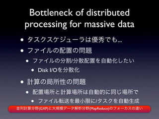 Bottleneck of distributed
  processing for massive data
 ? `σǤ...
 ? եäΆ}
   ?   եηָ/ɢäԄӻ
       ?   Disk I/Oɢ

 ? ӋξԤΆ}
   ?   ÈӋԄӵĤͬ
       ?   եܞͤСޤ/Ԅ
KӋҰ(GXP)ȴҎģǩ`Ұ(MapReduce)Υե``
 