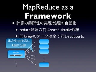 MapReduce as a
          Framework
 ? ӋξԤΌgF/IԄӻ
  ? reduceIǰsortshuf?eI
  ? ͬkeyΥǩ`ȫͬreducer
keyԪ
 R˷ָ

 mapper
               .
               .
   .           .
   .
   .
 
