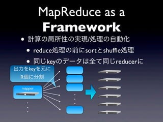 MapReduce as a
          Framework
 ? ӋξԤΌgF/IԄӻ
  ? reduceIǰsortshuf?eI
  ? ͬkeyΥǩ`ȫͬreducer
keyԪ
 R˷ָ

 mapper
               .
               .
   .           .
   .
   .
 