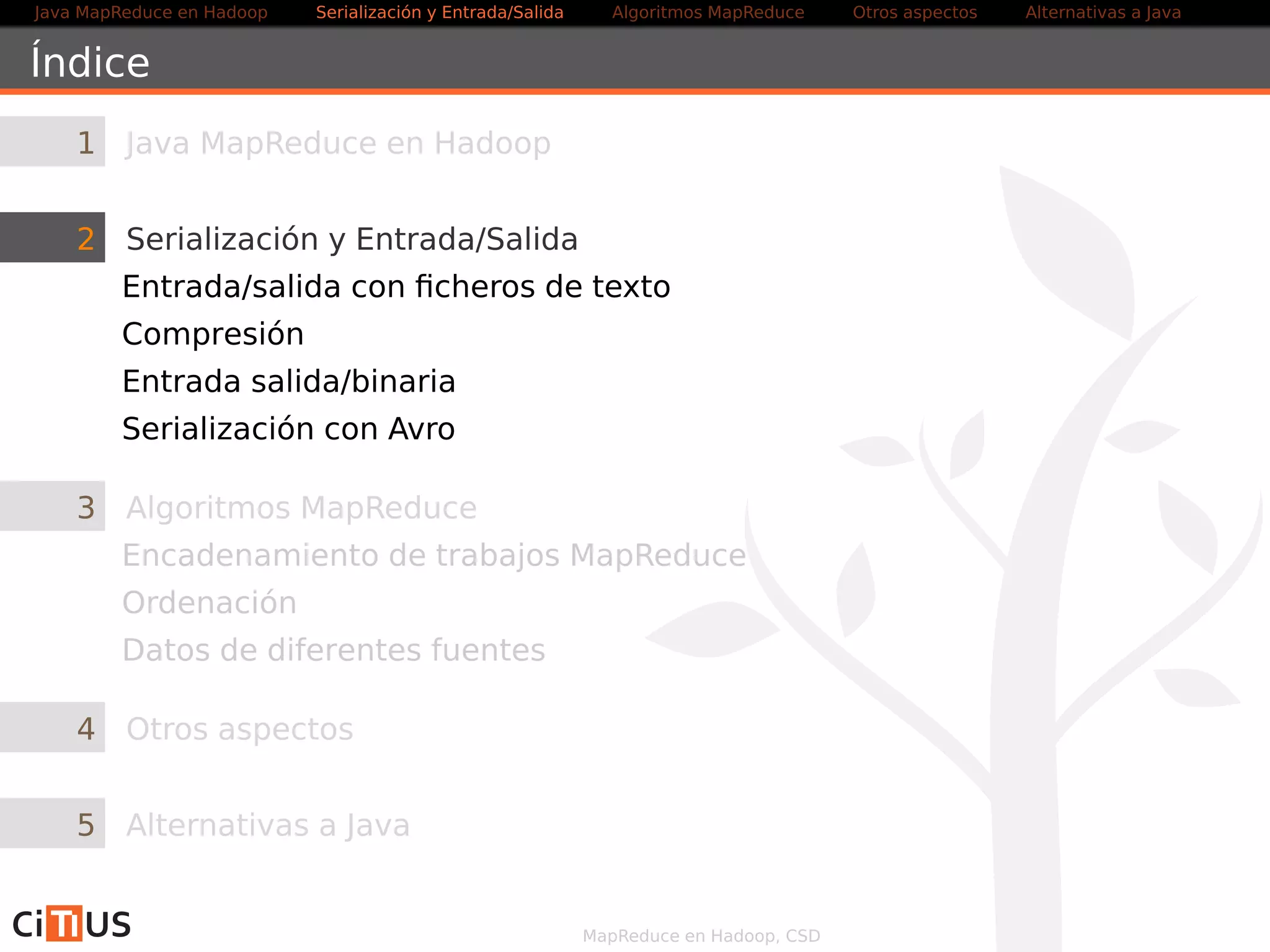 Java MapReduce en Hadoop Serialización y Entrada/Salida Tareas MapReduce Otros aspectos Alternativas a Java 
Ejemplo de writable 
public class MyWritable implements Writable { 
/ / Incluye un entero y un long 
private IntWritable counter ; 
private LongWritable timestamp; 
public void write (DataOutput out ) throws IOException { 
counter . write (out ) ; 
timestamp. write (out ) ; 
} 
public void readFields (DataInput in ) throws IOException { 
counter . readFields ( in ) ; 
timestamp. readFields ( in ) ; 
} 
public stat ic MyWritable read(DataInput in ) throws IOException { 
MyWritable w = new MyWritable ( ) ; 
w. readFields ( in ) ; 
return w; 
} 
} 
MapReduce en Hadoop, CSD 15/58 
 