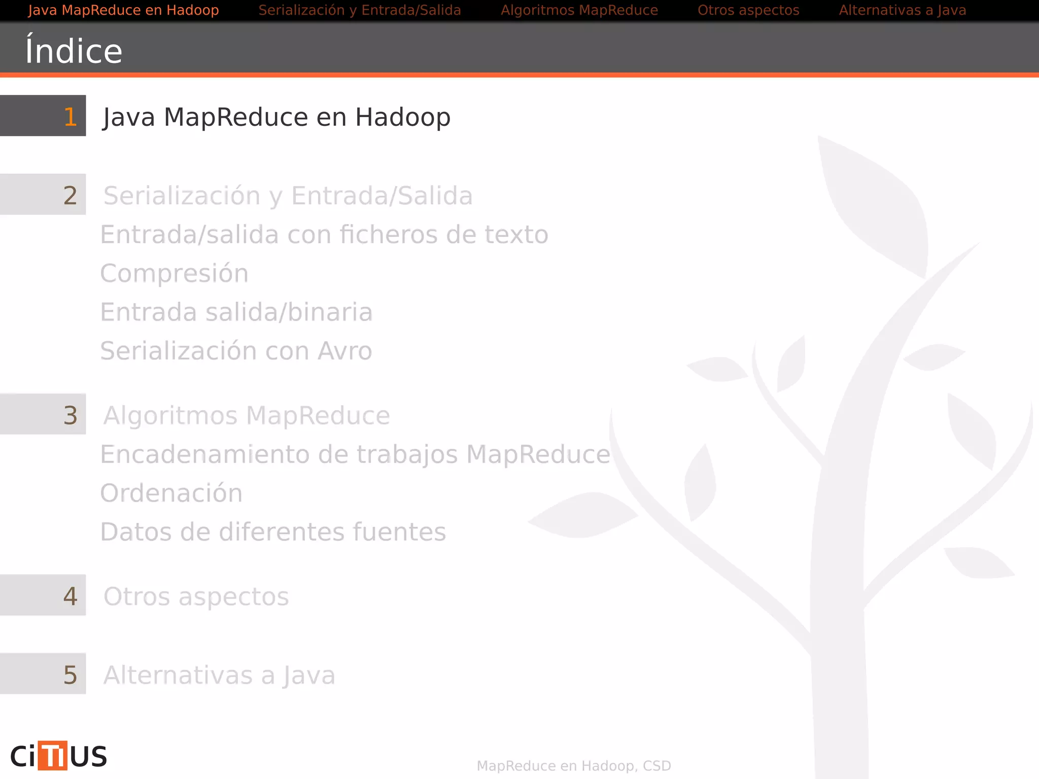 Java MapReduce en Hadoop Serialización y Entrada/Salida Tareas MapReduce Otros aspectos Alternativas a Java 
Índice 
1 Java MapReduce en Hadoop 
2 Serialización y Entrada/Salida 
Entrada/salida con ficheros de texto 
Compresión 
Entrada salida/binaria 
Serialización con Avro 
3 Tareas MapReduce 
Algoritmos: encadenamiento, ordenación, fuentes múltiples 
Localización de dependencias 
Contadores 
Ejemplo avanzado 
4 Otros aspectos 
5 Alternativas a Java 
MapReduce en Hadoop, CSD 
 