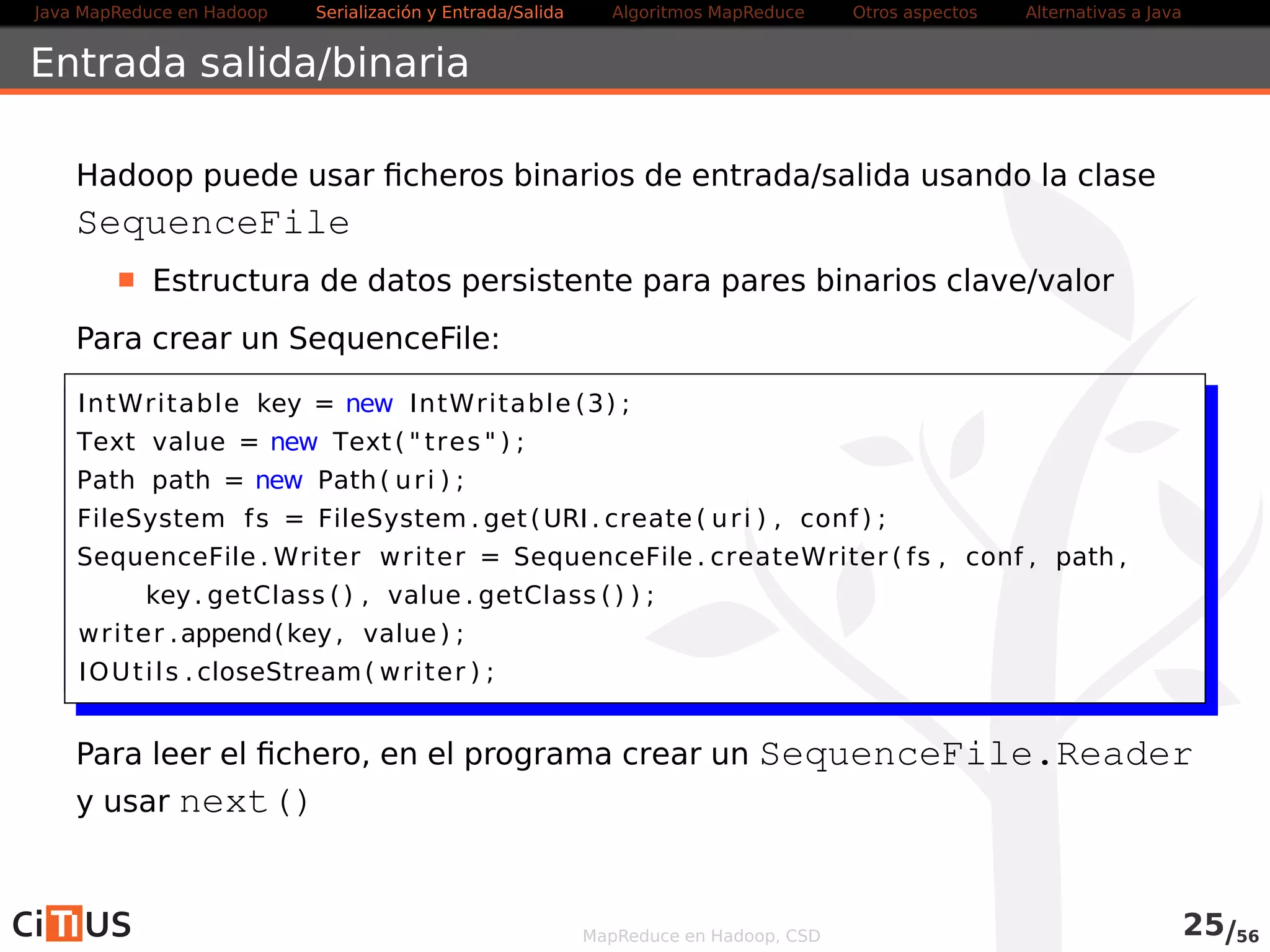 Java MapReduce en Hadoop Serialización y Entrada/Salida Tareas MapReduce Otros aspectos Alternativas a Java 
Esquemas Avro 
Los esquemas Avro permiten construir estructuras de datos complejas 
Se escriben habitualmente en formato JSON 
Se guardan en un fichero con terminación .avsc 
En Java podemos usar dos APIs para manejarlos: 
API genérica: 
. Mapping dinámico 
. Puede usarse aunque el esquema no sea conocido hasta runtime 
API específica 
. A partir del esquema, se genera código que lo representa 
. Necesita conocer el esquema en tiempo de compilación 
MapReduce en Hadoop, CSD 25/58 
 