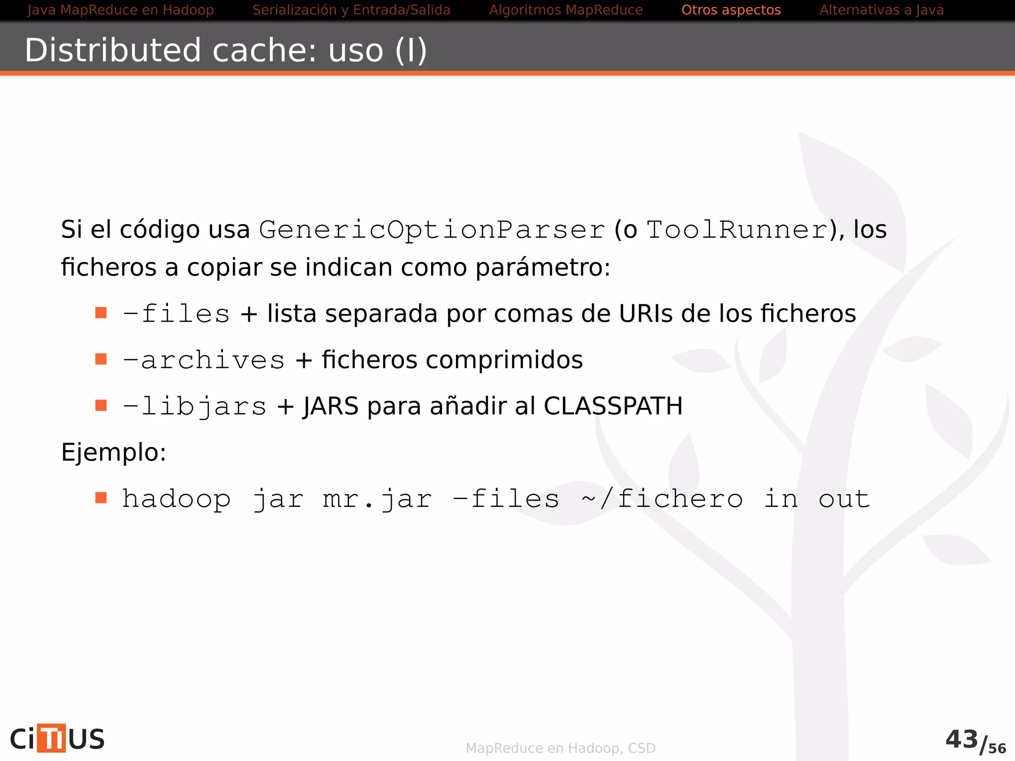 Java MapReduce en Hadoop Serialización y Entrada/Salida Tareas MapReduce Otros aspectos Alternativas a Java 
WordCount2 Mapper (IV) 
private void parseSkipFile ( String fileName) { 
try { 
f i s = new BufferedReader (new FileReader ( fileName) ) ; 
String pattern = nul l ; 
while ( ( pattern = f i s . readLine ( ) ) != nul l ) { 
patternsToSkip .add( pattern ) ; 
} 
} catch ( IOException ioe ) { 
System. err . pr int ln ( Excepcion parseando el recurso local ’  + 
St r ingUt i ls . stringifyException ( ioe ) ) ; 
} 
} 
private boolean caseSensitive ; 
private SetString patternsToSkip = new HashSetString() ; 
private MapString , Integer words = new HashMapString , Integer() ; 
private Pattern pat = Pattern . compile(   b[azAZ u00C0uFFFF]+ b ) ; 
private Configuration conf ; 
private BufferedReader f i s ; 
} 
MapReduce en Hadoop, CSD 45/58 
 