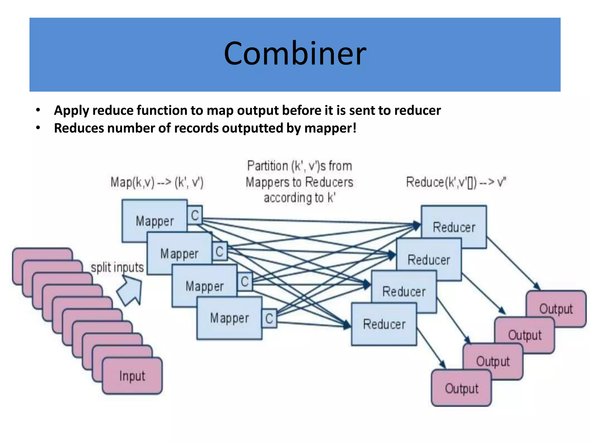Combiner
• Apply reduce function to map output before it is sent to reducer
• Reduces number of records outputted by mapper!
 