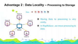 Advantage 2 : Data Locality – Processing to Storage
◉ Moving Data to processing is very
costly.
◉ In MapReduce , we move processing to
data.
Data
 