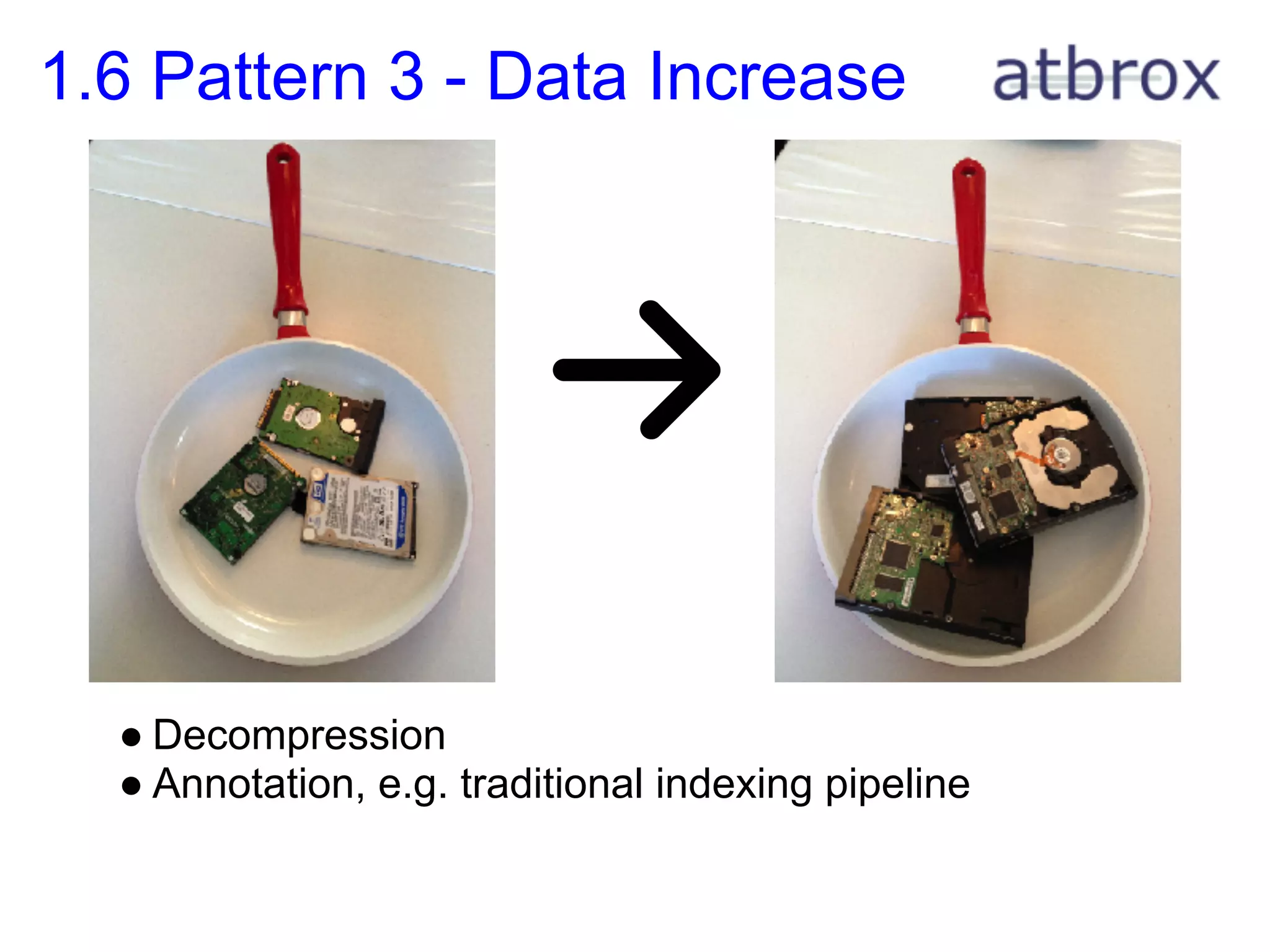1.6 Pattern 3 - Data Increase




  ● Decompression
  ● Annotation, e.g. traditional indexing pipeline
 