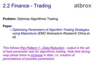 2.2 Finance - Trading

Problem: Optimize Algorithmic Trading

Paper:
    ○ Optimizing Parameters of Algorithm Trading Strategies
      using Mapreduce (EMC-Greenplum Research China et.
      al)


This follows Pan Pattern 1 - Data Reduction - output is the set
of best parameter sets for algorithmic trading. Note that during
map phase there is increase in data, i.e. creation of
permutations of possible parameters
 