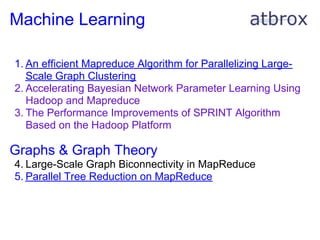 Machine Learning

1. An efficient Mapreduce Algorithm for Parallelizing Large-
   Scale Graph Clustering
2. Accelerating Bayesian Network Parameter Learning Using
   Hadoop and Mapreduce
3. The Performance Improvements of SPRINT Algorithm
   Based on the Hadoop Platform

Graphs & Graph Theory
4. Large-Scale Graph Biconnectivity in MapReduce
5. Parallel Tree Reduction on MapReduce
 