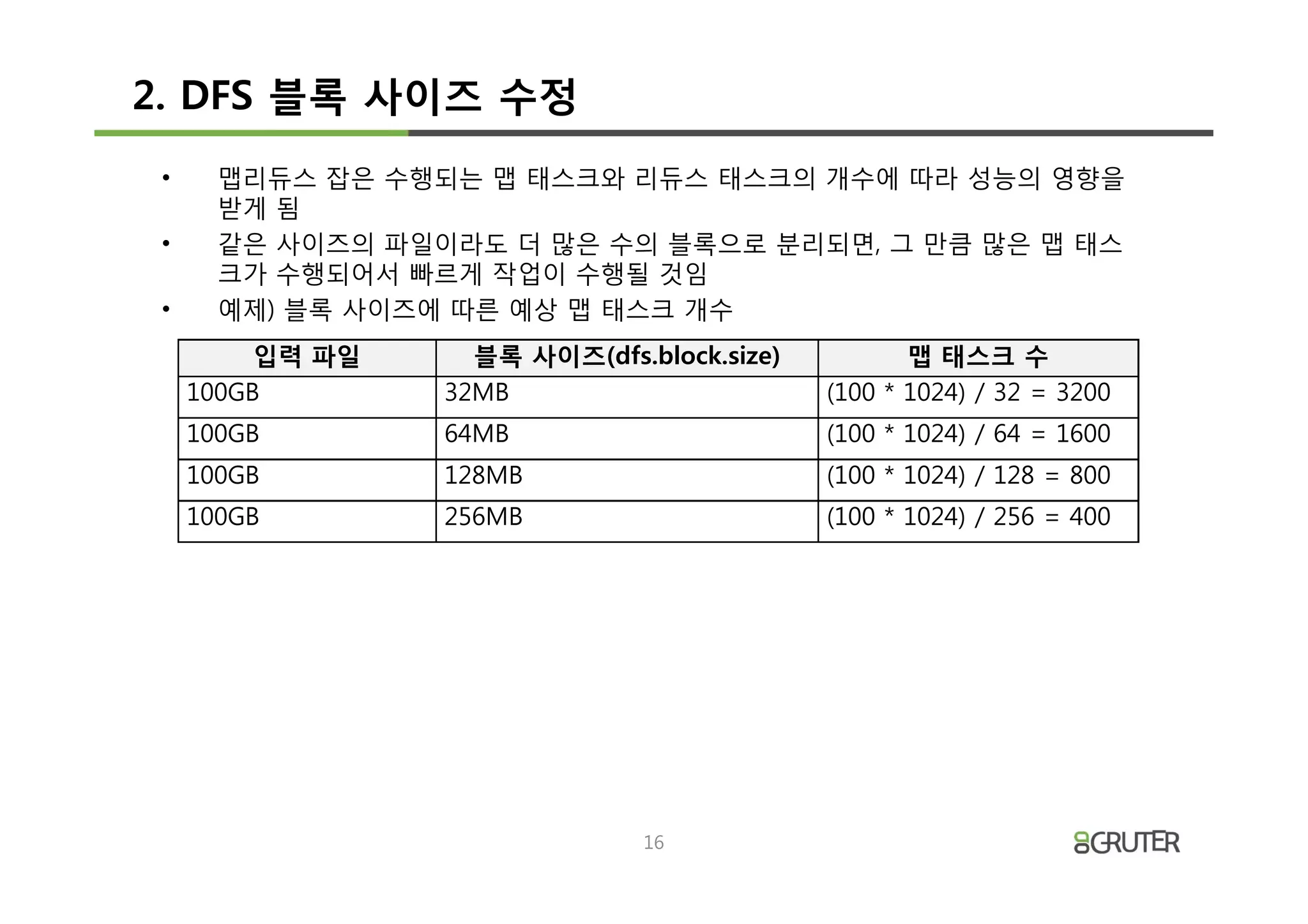 2. DFS 블록 사이즈 수정
 •     맵리듀스 잡은 수행되는 맵 태스크와 리듀스 태스크의 개수에 따라 성능의 영향을
       받게 됨
 •     같은 사이즈의 파일이라도 더 많은 수의 블록으로 분리되면, 그 만큼 많은 맵 태스
       크가 수행되어서 빠르게 작업이 수행될 것임
 •     예제) 블록 사이즈에 따른 예상 맵 태스크 개수
          입력 파일     블록 사이즈(dfs.block.size)          맵 태스크 수
     100GB        32MB                       (100 * 1024) / 32 = 3200
     100GB        64MB                       (100 * 1024) / 64 = 1600
     100GB        128MB                      (100 * 1024) / 128 = 800
     100GB        256MB                      (100 * 1024) / 256 = 400




                                16
 
