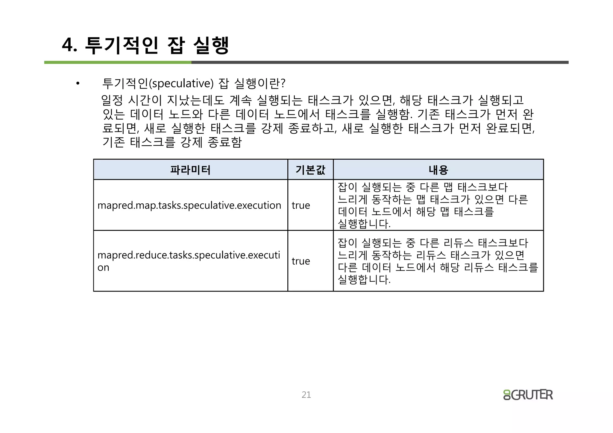 4. 투기적인 잡 실행
•   투기적인(speculative) 잡 실행이란?
    일정 시간이 지났는데도 계속 실행되는 태스크가 있으면, 해당 태스크가 실행되고
    있는 데이터 노드와 다른 데이터 노드에서 태스크를 실행함. 기존 태스크가 먼저 완
    료되면, 새로 실행한 태스크를 강제 종료하고, 새로 실행한 태스크가 먼저 완료되면,
    기존 태스크를 강제 종료함

                   파라미터                       기본값              내용
                                                     잡이 실행되는 중 다른 맵 태스크보다
                                                     느리게 동작하는 맵 태스크가 있으면 다른
    mapred.map.tasks.speculative.execution true
                                                     데이터 노드에서 해당 맵 태스크를
                                                     실행합니다.
                                                     잡이 실행되는 중 다른 리듀스 태스크보다
    mapred.reduce.tasks.speculative.executi          느리게 동작하는 리듀스 태스크가 있으면
                                              true
    on                                               다른 데이터 노드에서 해당 리듀스 태스크를
                                                     실행합니다.




                                                21
 