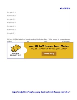 ACADGILDACADGILD
0 female 21 3
0 female 22 2
0 female 23 1
0 female 24 2
0 female 25 3
0 female 26 2
0 female 27 1
We hope this blog helped you in understanding MapReduce. Keep visiting our site for more updates on
BigData and other technologies.
https://acadgild.com/blog/analyzing-titanic-data-with-hadoop-mapreduce/https://acadgild.com/blog/analyzing-titanic-data-with-hadoop-mapreduce/
 