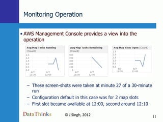 Monitoring Operation

• AWS Management Console provides a view into the
  operation




  – These screen-shots were taken at minute 27 of a 30-minute
    run
  – Configuration default in this case was for 2 map slots
  – First slot became available at 12:00, second around 12:10

                   © J Singh, 2012                              11
                           11
 