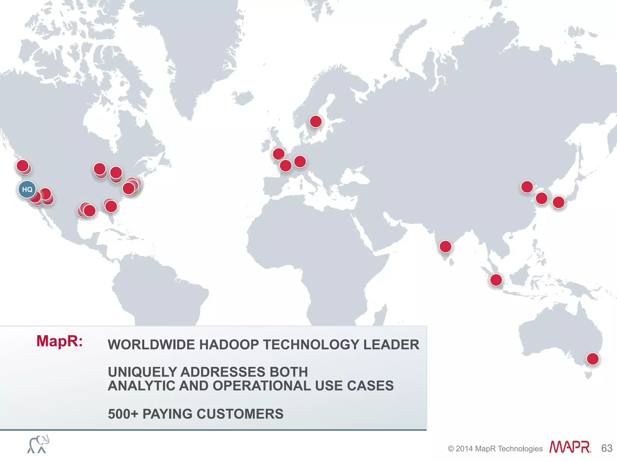 ®
© 2014 MapR Technologies 63
HQ
WORLDWIDE HADOOP TECHNOLOGY LEADER
UNIQUELY ADDRESSES BOTH
ANALYTIC AND OPERATIONAL USE CASES
500+ PAYING CUSTOMERS
MapR:
 