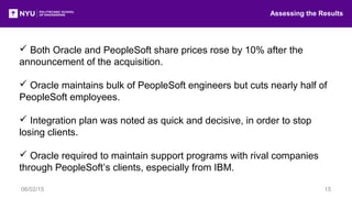  Both Oracle and PeopleSoft share prices rose by 10% after the
announcement of the acquisition.
 Oracle maintains bulk of PeopleSoft engineers but cuts nearly half of
PeopleSoft employees.
 Integration plan was noted as quick and decisive, in order to stop
losing clients.
 Oracle required to maintain support programs with rival companies
through PeopleSoft’s clients, especially from IBM.
Assessing the Results
06/02/15 15
 