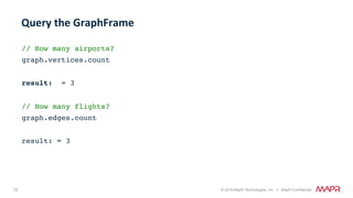 33 © 2018 MapR Technologies, Inc. // MapR Confidential
// How many airports?
graph.vertices.count
 
result: = 3
// How many flights?
graph.edges.count
 
result: = 3
Query	the	GraphFrame		
 