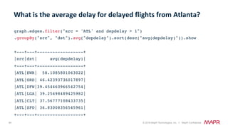 64 © 2018 MapR Technologies, Inc. // MapR Confidential
graph.edges.filter("src = 'ATL' and depdelay > 1")
.groupBy("src", "dst").avg("depdelay").sort(desc("avg(depdelay)")).show
+---+---+------------------+
|src|dst| avg(depdelay)|
+---+---+------------------+
|ATL|EWR| 58.1085801063022|
|ATL|ORD| 46.42393736017897|
|ATL|DFW|39.454460966542754|
|ATL|LGA| 39.25498489425982|
|ATL|CLT| 37.56777108433735|
|ATL|SFO| 36.83008356545961|
+---+---+------------------+
What	is	the	average	delay	for	delayed	flights	from	Atlanta?	
 