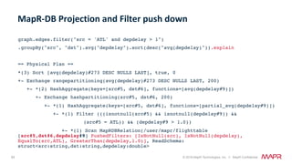 65 © 2018 MapR Technologies, Inc. // MapR Confidential
graph.edges.filter("src = 'ATL' and depdelay > 1")
.groupBy("src", "dst").avg("depdelay").sort(desc("avg(depdelay)")).explain
== Physical Plan ==
*(3) Sort [avg(depdelay)#273 DESC NULLS LAST], true, 0
+- Exchange rangepartitioning(avg(depdelay)#273 DESC NULLS LAST, 200)
+- *(2) HashAggregate(keys=[src#5, dst#6], functions=[avg(depdelay#9)])
+- Exchange hashpartitioning(src#5, dst#6, 200)
+- *(1) HashAggregate(keys=[src#5, dst#6], functions=[partial_avg(depdelay#9)])
+- *(1) Filter (((isnotnull(src#5) && isnotnull(depdelay#9)) &&
(src#5 = ATL)) && (depdelay#9 > 1.0))
+- *(1) Scan MapRDBRelation(/user/mapr/flighttable
[src#5,dst#6,depdelay#9] PushedFilters: [IsNotNull(src), IsNotNull(depdelay),
EqualTo(src,ATL), GreaterThan(depdelay,1.0)], ReadSchema:
struct<src:string,dst:string,depdelay:double>
MapR-DB	Projection	and	Filter	push	down	
 