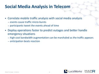 Social Media Analysis in Telecom

     Correlate mobile traffic analysis with social media analysis
       –   events cause traffic micro-bursts
       –   participants tweet the events ahead of time
     Deploy operations faster to predict outages and better handle
      emergency situations
       –   high cost bandwidth augmentation can be marshaled as the traffic appears
       –   anticipation beats reaction




©MapR Technologies - Confidential            8
 