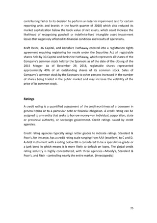 25
contributing factor to its decision to perform an interim impairment test for certain
reporting units and brands in the fourth quarter of 2018) which also reduced its
market capitalization below the book value of net assets, which could increase the
likelihood of recognizing goodwill or indefinite-lived intangible asset impairment
losses that negatively affected its financial condition and results of operations.
Kraft Heinz, 3G Capital, and Berkshire Hathaway entered into a registration rights
agreement requiring registering for resale under the Securities Act all registrable
shares held by 3G Capital and Berkshire Hathaway, which represents all shares of the
Company’s common stock held by the Sponsors as of the date of the closing of the
2015 Merger. As of December 29, 2018, registrable shares represented
approximately 49% of all outstanding shares of its common stock. Sales of
Company’s common stock by the Sponsors to other persons increased in the number
of shares being traded in the public market and may increase the volatility of the
price of its common stock.
Ratings
A credit rating is a quantified assessment of the creditworthiness of a borrower in
general terms or to a particular debt or financial obligation. A credit rating can be
assigned to any entity that seeks to borrow money—an individual, corporation, state
or provincial authority, or sovereign government. Credit ratings issued by credit
agencies.
Credit rating agencies typically assign letter grades to indicate ratings. Standard &
Poor's, for instance, has a credit rating scale ranging from AAA (excellent) to C and D.
A debt instrument with a rating below BB is considered to be a speculative-grade or
a junk bond in which means it is more likely to default on loans. The global credit
rating industry is highly concentrated, with three agencies—Moody's, Standard &
Poor's, and Fitch - controlling nearly the entire market. (Investopedia)
 