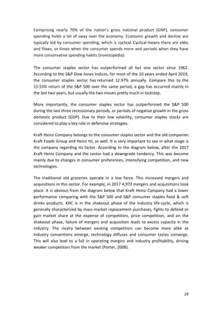 29
Comprising nearly 70% of the nation’s gross national product (GNP), consumer
spending holds a lot of sway over the economy. Economic growth and decline are
typically led by consumer spending, which is cyclical. Cyclical means there are ebbs
and flows, or times when the consumer spends more and periods when they have
more conservative spending habits (Investopedia).
The consumer staples sector has outperformed all but one sector since 1962.
According to the S&P Dow Jones Indices, for most of the 10 years ended April 2019,
the consumer staples sector has returned 12.97% annually. Compare this to the
15.53% return of the S&P 500 over the same period, a gap has occurred mainly in
the last two years, but usually the two moves pretty much in lockstep.
More importantly, the consumer staples sector has outperformed the S&P 500
during the last three recessionary periods, or periods of negative growth in the gross
domestic product (GDP). Due to their low volatility, consumer staples stocks are
considered to play a key role in defensive strategies.
Kraft Heinz Company belongs to the consumer staples sector and the old companies
Kraft Foods Group and Heinz HJ, as well. It is very important to see in what stage is
the company regarding its factor. According to the diagram below, after the 2017
Kraft Heinz Company and the sector had a downgrade tendency. This was become
mainly due to changes in consumer preferences, intensifying competition, and new
technologies.
The traditional old groceries operate in a low force. This increased mergers and
acquisitions in this sector. For example, in 2017 4,972 mergers and acquisitions took
place. It is obvious from the diagram below that Kraft Heinz Company had a lower
performance comparing with the S&P 500 and S&P consumer staples food & soft
drinks products. KHC is in the shakeout phase of the industry life-cycle, which is
generally characterized by mass-market replacement purchases, fights to defend or
gain market share at the expense of competitors, price competition, and on the
shakeout phase, failure of mergers and acquisition leads to excess capacity in the
industry. The rivalry between existing competitors can become more alike as
industry conventions emerge, technology diffuses and consumer tastes converge.
This will also lead to a fall in operating margins and industry profitability, driving
weaker competitors from the market (Porter, 2008).
 