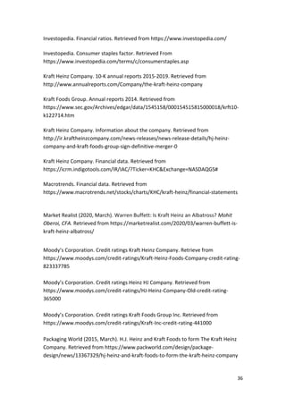 36
Investopedia. Financial ratios. Retrieved from https://www.investopedia.com/
Investopedia. Consumer staples factor. Retrieved From
https://www.investopedia.com/terms/c/consumerstaples.asp
Kraft Heinz Company. 10-K annual reports 2015-2019. Retrieved from
http://www.annualreports.com/Company/the-kraft-heinz-company
Kraft Foods Group. Annual reports 2014. Retrieved from
https://www.sec.gov/Archives/edgar/data/1545158/000154515815000018/krft10-
k122714.htm
Kraft Heinz Company. Information about the company. Retrieved from
http://ir.kraftheinzcompany.com/news-releases/news-release-details/hj-heinz-
company-and-kraft-foods-group-sign-definitive-merger-0
Kraft Heinz Company. Financial data. Retrieved from
https://icrm.indigotools.com/IR/IAC/?Ticker=KHC&Exchange=NASDAQGS#
Macrotrends. Financial data. Retrieved from
https://www.macrotrends.net/stocks/charts/KHC/kraft-heinz/financial-statements
Market Realist (2020, March). Warren Buffett: Is Kraft Heinz an Albatross? Mohit
Oberoi, CFA. Retrieved from https://marketrealist.com/2020/03/warren-buffett-is-
kraft-heinz-albatross/
Moody’s Corporation. Credit ratings Kraft Heinz Company. Retrieve from
https://www.moodys.com/credit-ratings/Kraft-Heinz-Foods-Company-credit-rating-
823337785
Moody’s Corporation. Credit ratings Heinz HJ Company. Retrieved from
https://www.moodys.com/credit-ratings/HJ-Heinz-Company-Old-credit-rating-
365000
Moody’s Corporation. Credit ratings Kraft Foods Group Inc. Retrieved from
https://www.moodys.com/credit-ratings/Kraft-Inc-credit-rating-441000
Packaging World (2015, March). H.J. Heinz and Kraft Foods to form The Kraft Heinz
Company. Retrieved from https://www.packworld.com/design/package-
design/news/13367329/hj-heinz-and-kraft-foods-to-form-the-kraft-heinz-company
 