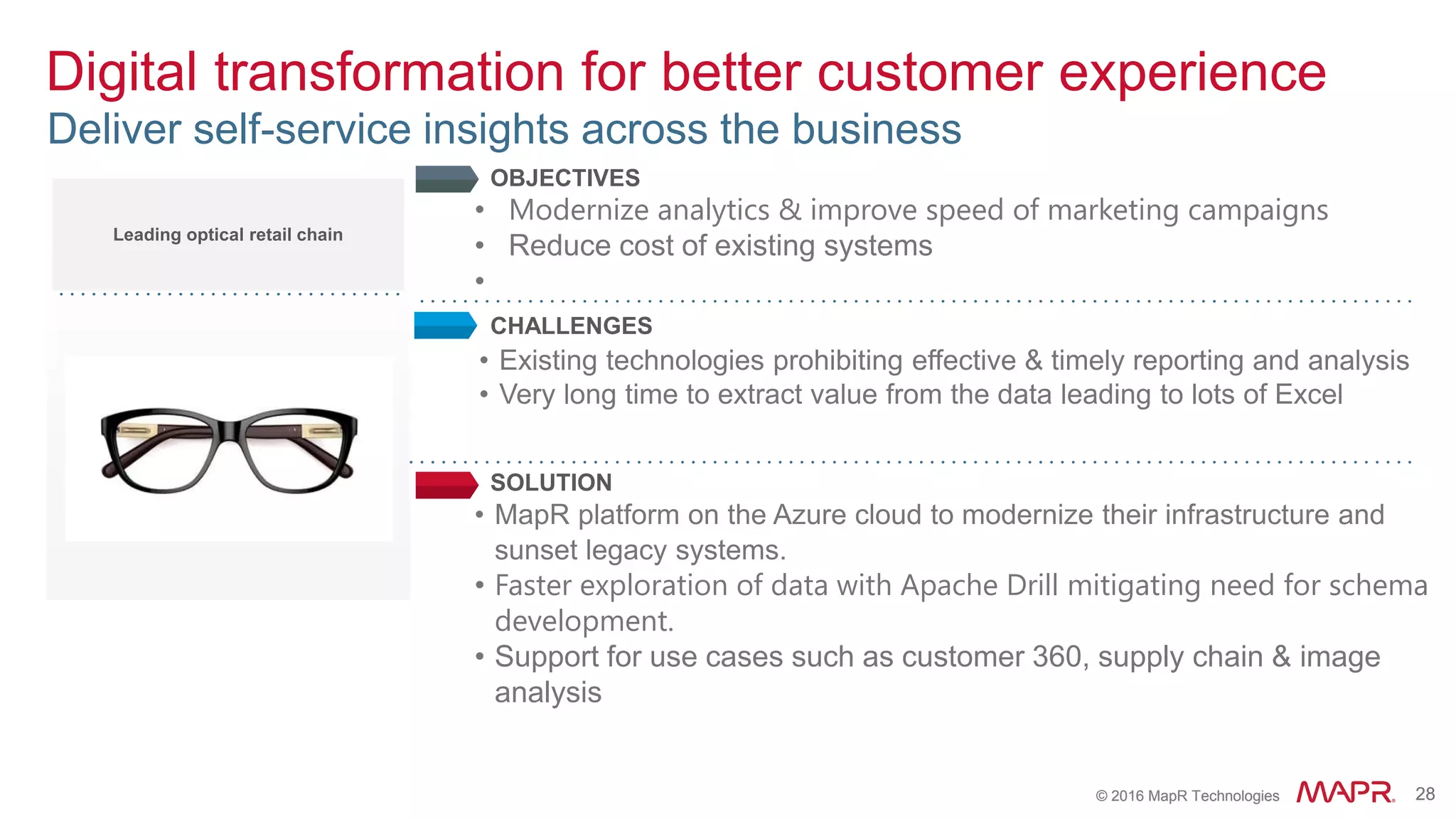 © 2016 MapR Technologies 28© 2016 MapR Technologies 28
Digital transformation for better customer experience
Deliver self-service insights across the business
• MapR platform on the Azure cloud to modernize their infrastructure and
sunset legacy systems.
• Faster exploration of data with Apache Drill mitigating need for schema
development.
• Support for use cases such as customer 360, supply chain & image
analysis
OBJECTIVES
CHALLENGES
SOLUTION
• Modernize analytics & improve speed of marketing campaigns
• Reduce cost of existing systems
•
• Existing technologies prohibiting effective & timely reporting and analysis
• Very long time to extract value from the data leading to lots of Excel
Leading optical retail chain
 