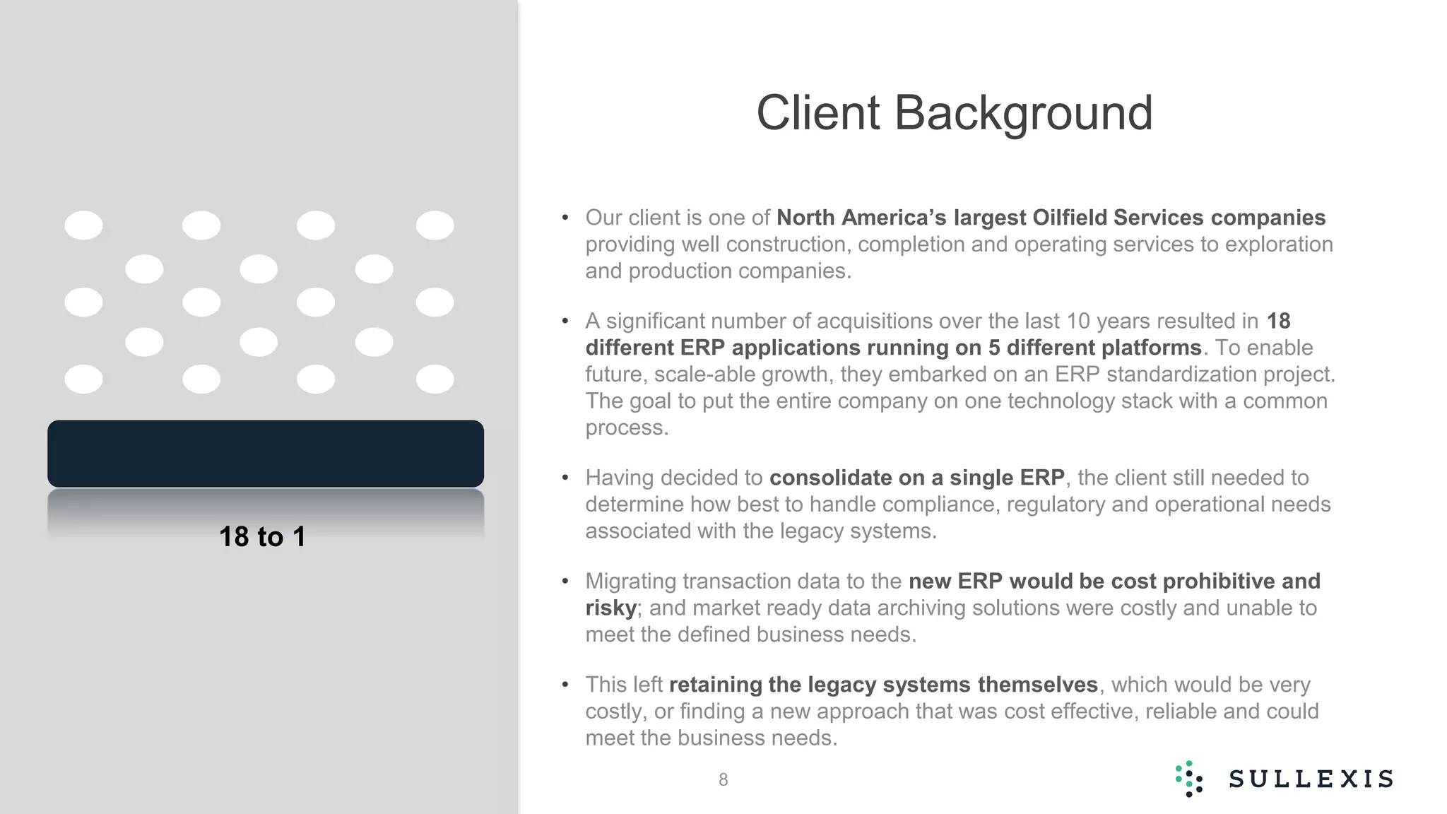 Client Background
• Our client is one of North America’s largest Oilfield Services companies
providing well construction, completion and operating services to exploration
and production companies.
• A significant number of acquisitions over the last 10 years resulted in 18
different ERP applications running on 5 different platforms. To enable
future, scale-able growth, they embarked on an ERP standardization project.
The goal to put the entire company on one technology stack with a common
process.
• Having decided to consolidate on a single ERP, the client still needed to
determine how best to handle compliance, regulatory and operational needs
associated with the legacy systems.
• Migrating transaction data to the new ERP would be cost prohibitive and
risky; and market ready data archiving solutions were costly and unable to
meet the defined business needs.
• This left retaining the legacy systems themselves, which would be very
costly, or finding a new approach that was cost effective, reliable and could
meet the business needs.
8
18 to 1
 