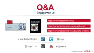 © 2016 MapR Technologies 32© 2016 MapR Technologies 32
Q&A
@mapr
@mapr.com
Engage with us!
maprtech
mapr-technologies
https://www.mapr.com/get-started-with-mapr
https://www.mapr.com/training
https://www.mapr.com/ebooks/big-data-all-stars/
 