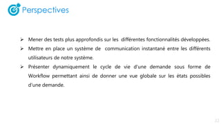  Mener des tests plus approfondis sur les différentes fonctionnalités développées.
 Mettre en place un système de communication instantané entre les différents
utilisateurs de notre système.
 Présenter dynamiquement le cycle de vie d'une demande sous forme de
Workflow permettant ainsi de donner une vue globale sur les états possibles
d'une demande.
 