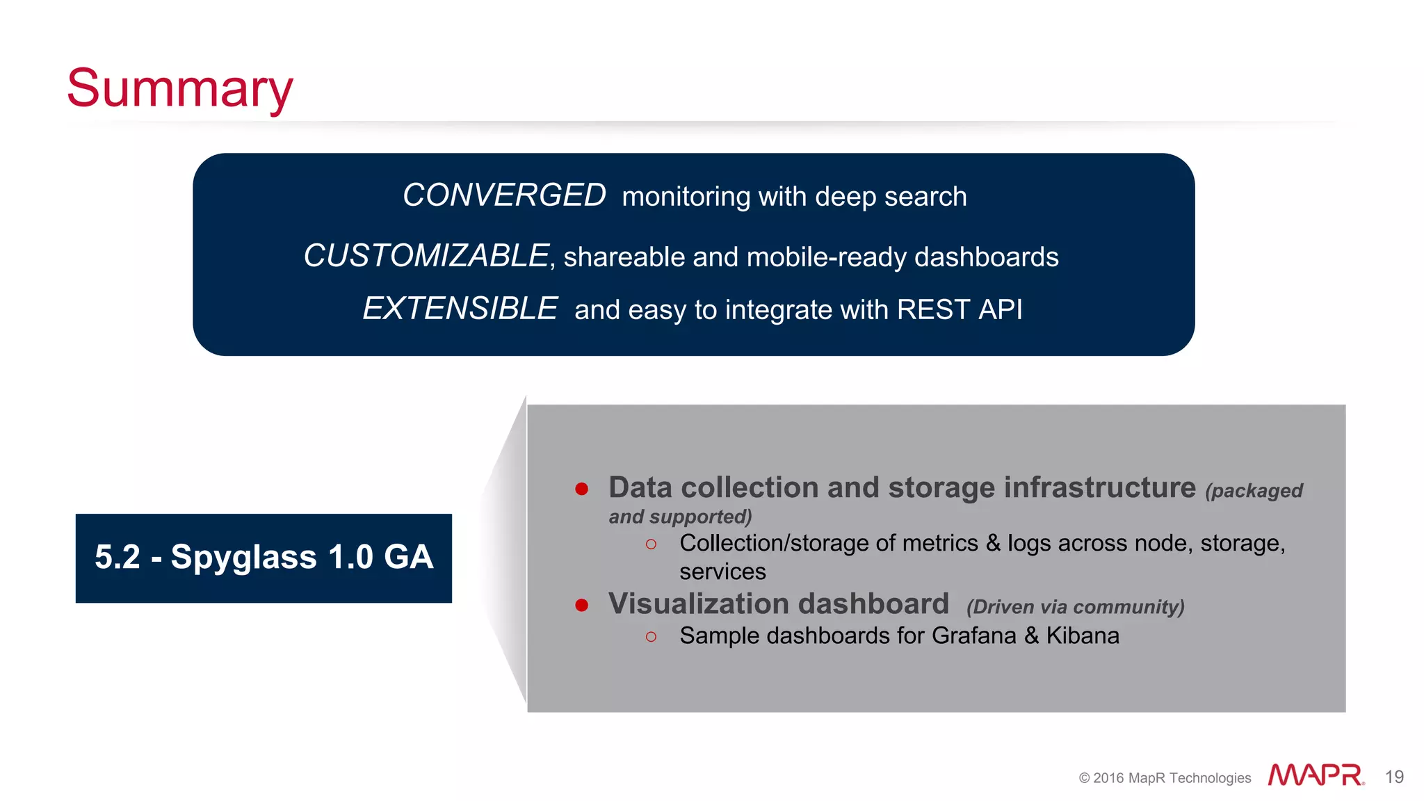 © 2016 MapR Technologies 19
Summary
● Data collection and storage infrastructure (packaged
and supported)
○ Collection/storage of metrics & logs across node, storage,
services
● Visualization dashboard (Driven via community)
○ Sample dashboards for Grafana & Kibana
5.2 - Spyglass 1.0 GA
CUSTOMIZABLE, shareable and mobile-ready dashboards
CONVERGED monitoring with deep search
EXTENSIBLE and easy to integrate with REST API
 