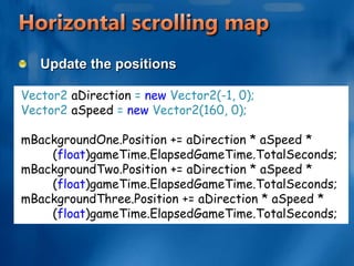 Horizontal scrolling mapMoving the background images across the screen in a snake like fashionAdding the code to Update methodif (mBackgroundOne.Position.X < -mBackgroundOne.Size.Width)mBackgroundOne.Position.X = mBackgroundThree.Position.X + mBackgroundThree.Size.Width;if (mBackgroundTwo.Position.X < -mBackgroundTwo.Size.Width)mBackgroundTwo.Position.X = mBackgroundOne.Position.X + mBackgroundOne.Size.Width;if (mBackgroundThree.Position.X < -mBackgroundThree.Size.Width)mBackgroundThree.Position.X = mBackgroundTwo.Position.X + mBackgroundTwo.Size.Width;