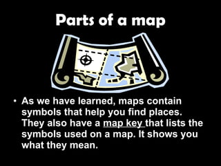 Parts of a map As we have learned, maps contain symbols that help you find places. They also have a  map key  that lists the symbols used on a map. It shows you what they mean. 