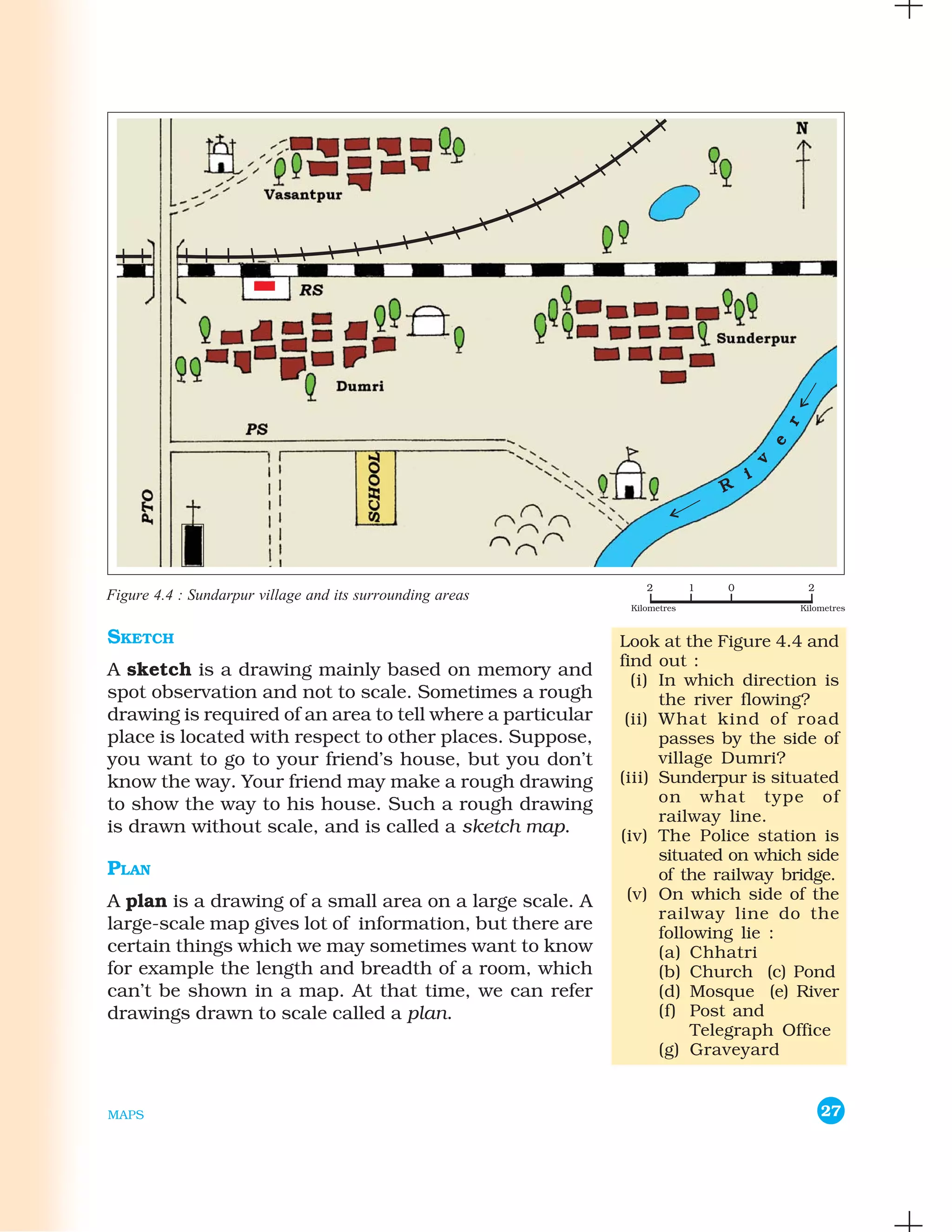 Figure 4.4 : Sundarpur village and its surrounding areas

SKETCH                                                      Look at the Figure 4.4 and
                                                            find out :
A sketch is a drawing mainly based on memory and
                                                              (i) In which direction is
spot observation and not to scale. Sometimes a rough              the river flowing?
drawing is required of an area to tell where a particular    (ii) What kind of road
place is located with respect to other places. Suppose,           passes by the side of
you want to go to your friend’s house, but you don’t              village Dumri?
know the way. Your friend may make a rough drawing          (iii) Sunderpur is situated
to show the way to his house. Such a rough drawing                on what type of
                                                                  railway line.
is drawn without scale, and is called a sketch map.         (iv) The Police station is
                                                                  situated on which side
PLAN                                                              of the railway bridge.
A plan is a drawing of a small area on a large scale. A      (v) On which side of the
                                                                  railway line do the
large-scale map gives lot of information, but there are           following lie :
certain things which we may sometimes want to know                (a) Chhatri
for example the length and breadth of a room, which               (b) Church (c) Pond
can’t be shown in a map. At that time, we can refer               (d) Mosque (e) River
drawings drawn to scale called a plan.                            (f) Post and
                                                                       Telegraph Office
                                                                  (g) Graveyard


MAPS                                                                                 27
 