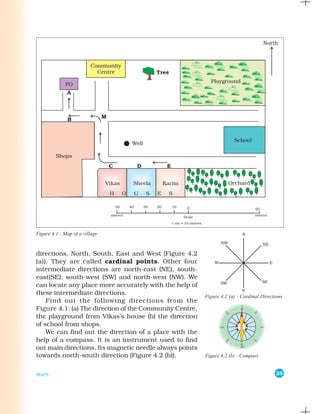 Figure 4.1 : Map of a village


directions, North, South, East and West {Figure 4.2
(a)}. They are called cardinal points. Other four
intermediate directions are north-east (NE), south-
east(SE), south-west (SW) and north-west (NW). We
can locate any place more accurately with the help of
these intermediate directions.
                                                         Figure 4.2 (a) : Cardinal Directions
    Find out the following directions from the
Figure 4.1: (a) The direction of the Community Centre,                   N

the playground from Vikas’s house (b) the direction
of school from shops.
    We can find out the direction of a place with the
help of a compass. It is an instrument used to find
                                                                         S
out main directions. Its magnetic needle always points
towards north-south direction {Figure 4.2 (b)}.          Figure 4.2 (b) : Compass


MAPS                                                                                      25
 