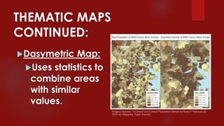 THEMATIC MAPS
CONTINUED:
Dasymetric Map:
Uses statistics to
combine areas
with similar
values.
Magnus Manske, “Incorrect and Correct Population Density for Boston” February 26,
2010 via Wikipedia, Public Domain
 