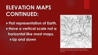 ELEVATION MAPS
CONTINUED:
Flat representation of Earth.
Have a vertical scale not a
horizontal like most maps.
Up and down
(Author unknown) “Map of Water Sources and Human
Settlement” via Wikimedia Commons, Creative Commons
Attribution
 